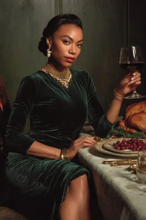 A Black woman wears a dark green velvet dress with gold accessories and heels, holding a glass of wine at an elegant Thanksgiving dinner