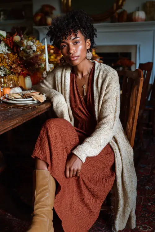 A Black woman wears a rust-colored knit dress layered with a long cream cardigan and boots, sitting at a Thanksgiving dining table filled with autumn decor 