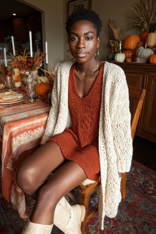 A Black woman wears a rust-colored knit dress layered with a long cream cardigan and boots, sitting at a Thanksgiving dining table filled with autumn decor