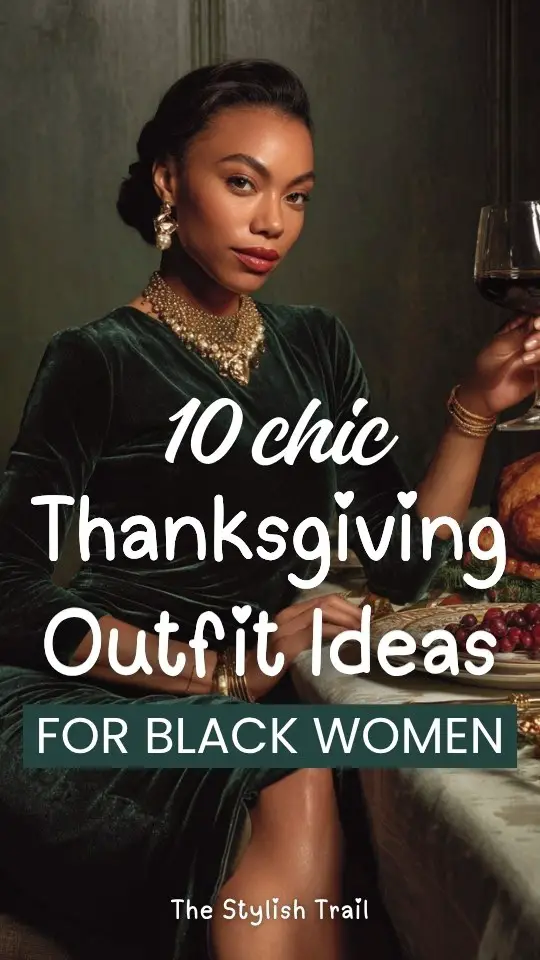 A black woman wears a Thanksgiving outfit with a dark green velvet dress with gold accessories and heels