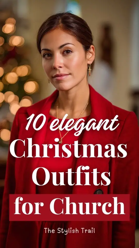 A woman in a Christmas outfit with a classic red A-line dress with a structured coat and modest jewelry to go to a church