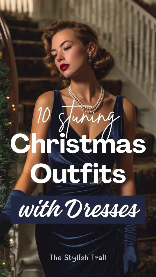 A woman in a Christmas outfit with a dress with a fitted waist and silver accessories
