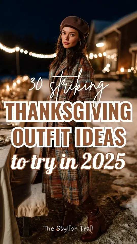 A woman in a Thanksgiving outfit with a long plaid coat with gloves, heeled boots, and a beret