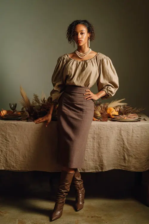 A woman in a beige blouse with puff sleeves tucked into a high-waisted brown midi skirt, wearing heeled boots and pearl jewelry, standing by a Thanksgiving table