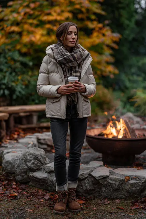 A woman in a beige puffer jacket with a plaid scarf, dark jeans, and suede boots, holding a cup of hot cocoa near a fire pit surrounded by autumn leaves 