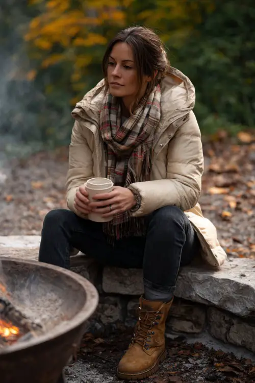 A woman in a beige puffer jacket with a plaid scarf, dark jeans, and suede boots, holding a cup of hot cocoa near a fire pit surrounded by autumn leaves 