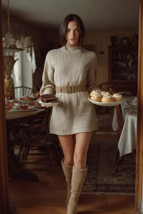 A woman in a beige ribbed knit dress with a matching belt and suede boots, holding a plate of Thanksgiving desserts in a warmly lit dining room