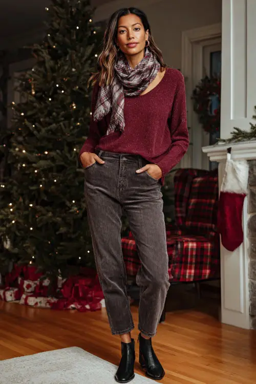A woman in a burgundy knit top with a plaid scarf, straight-leg jeans, and ankle boots, standing in a warmly lit living room decorated for a relaxed holiday celebration