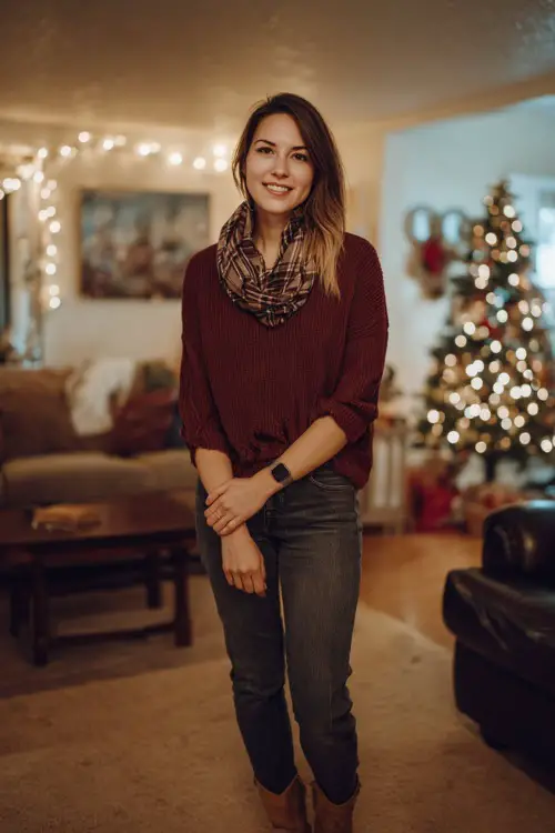 A woman in a burgundy knit top with a plaid scarf, straight-leg jeans, and ankle boots, standing in a warmly lit living room decorated for a relaxed holiday celebration