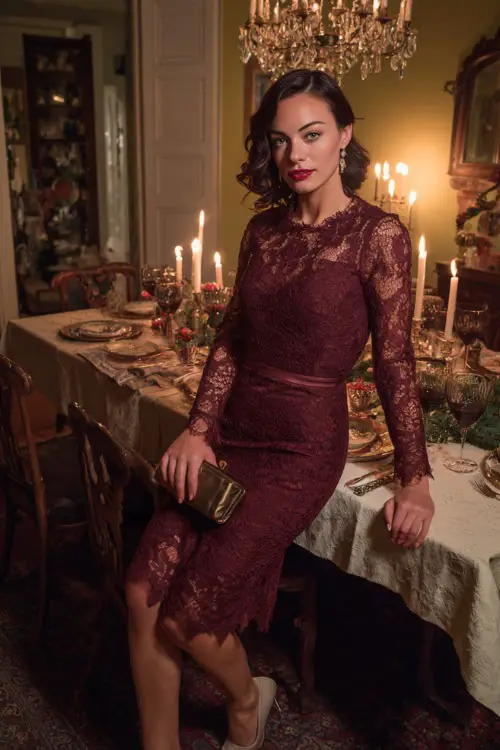 A woman in a burgundy lace dress with elegant pumps and a small clutch, posing beside a beautifully set Christmas dinner table with candles 