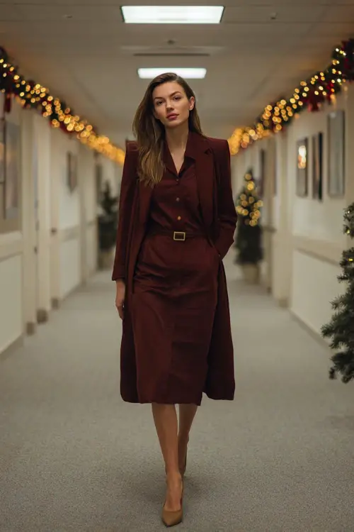 A woman in a burgundy midi dress with a structured coat and low heels, walking through a professional office hallway decorated with holiday garlands 