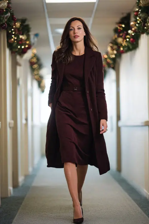 A woman in a burgundy midi dress with a structured coat and low heels, walking through a professional office hallway decorated with holiday garlands