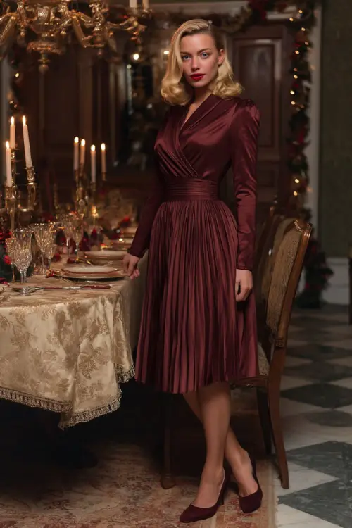 A woman in a burgundy pleated satin dress with long sleeves and classic pumps, standing near a beautifully set Christmas party table with candles and garlands