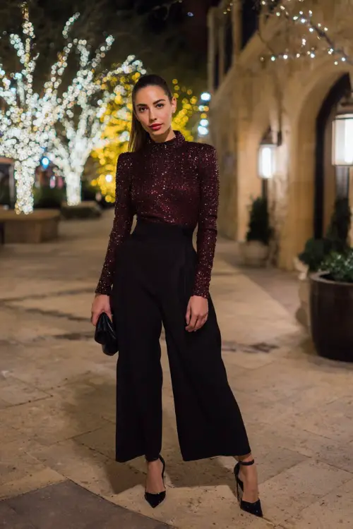 A woman in a burgundy sequin top paired with black wide-leg pants, heels, and a warm wrap, standing under twinkling lights at a winter holiday event 