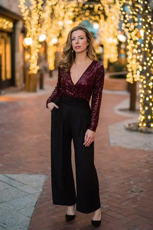 A woman in a burgundy sequin top paired with black wide-leg pants, heels, and a warm wrap, standing under twinkling lights at a winter holiday event