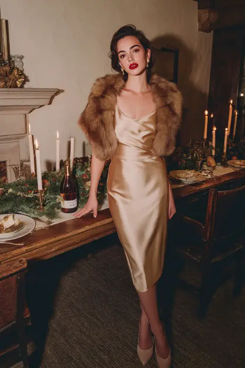 A woman in a champagne satin midi dress with a soft faux-fur stole and heels, standing beside a decorated Christmas dinner table with candles and greenery 