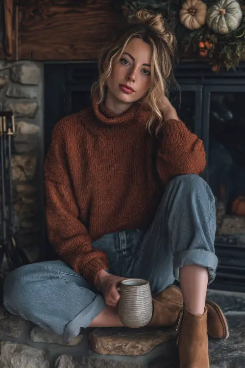 A woman in a chunky rust-colored turtleneck sweater with relaxed jeans and suede boots 
