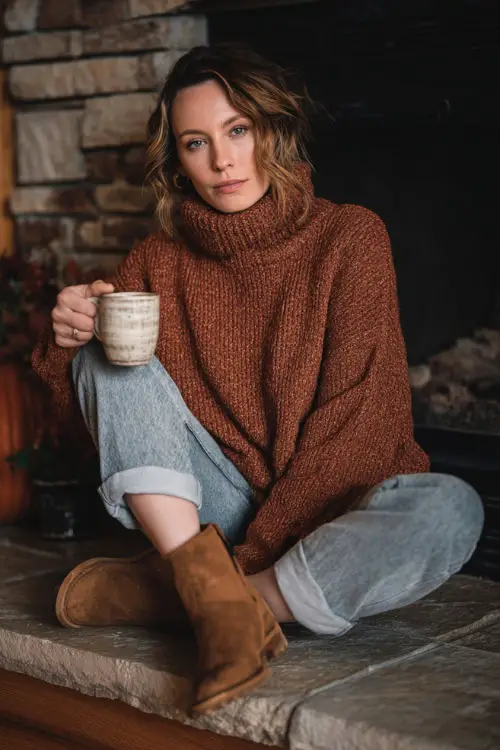 A woman in a chunky rust-colored turtleneck sweater with relaxed jeans and suede boots