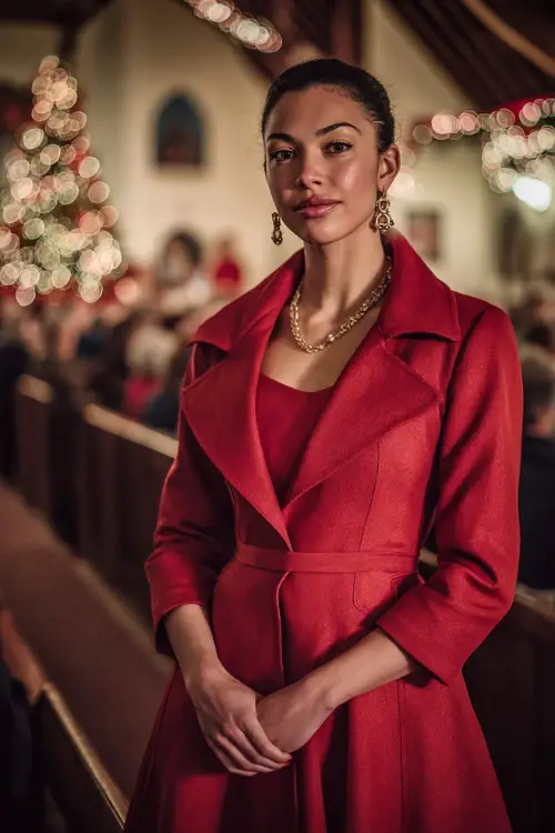A woman in a classic red A-line dress with a structured coat and modest jewelry, standing proudly at a traditional Christmas Eve church service 