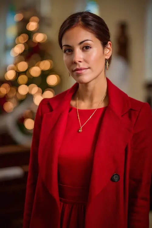 A woman in a classic red A-line dress with a structured coat and modest jewelry, standing proudly at a traditional Christmas Eve church service