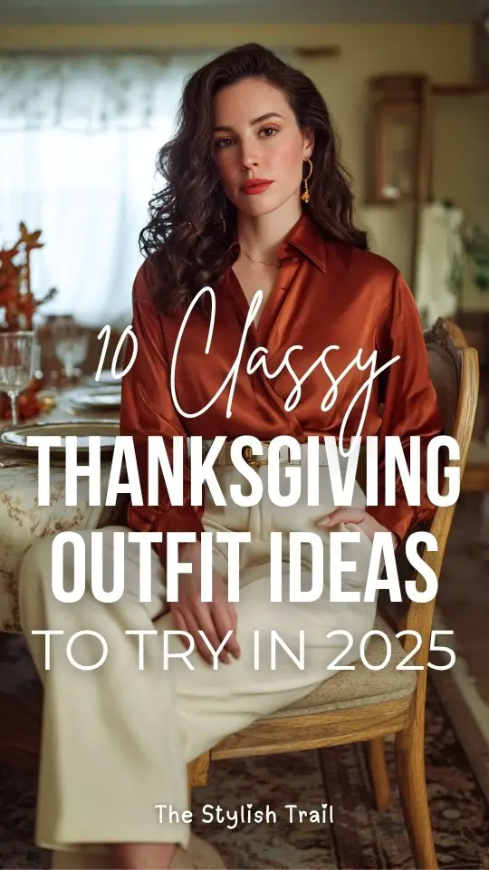 A woman in a classy Thanksgiving outfit with a rust-colored satin blouse tucked into cream pants with a gold belt and pumps