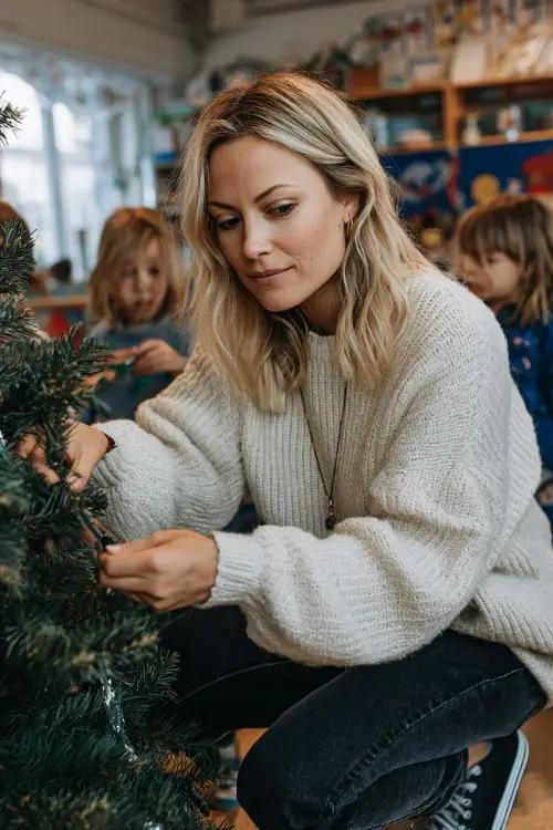 A woman in a cozy cream sweater paired with dark jeans and sneakers, helping children decorate a Christmas tree inside a bright classroom (