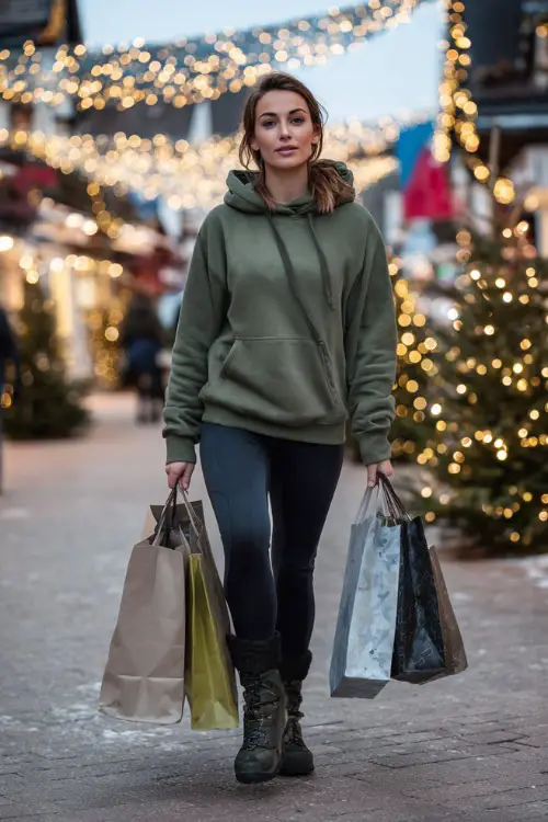 A woman in a cozy green hoodie with dark leggings and winter boots, carrying shopping bags along a decorated Christmas street