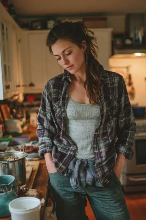 A woman in a cozy plaid flannel shirt layered over a ribbed tank top, relaxed jeans, and shearling-lined boots, standing in a kitchen preparing Thanksgiving dishes 