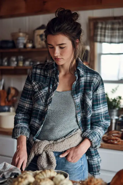 A woman in a cozy plaid flannel shirt layered over a ribbed tank top, relaxed jeans, and shearling-lined boots, standing in a kitchen preparing Thanksgiving dishes