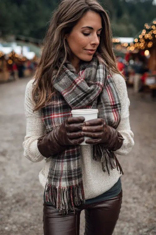 A woman in a cozy plaid scarf, cream sweater, and dark leggings with tall boots, enjoying a warm drink at an outdoor Christmas festival