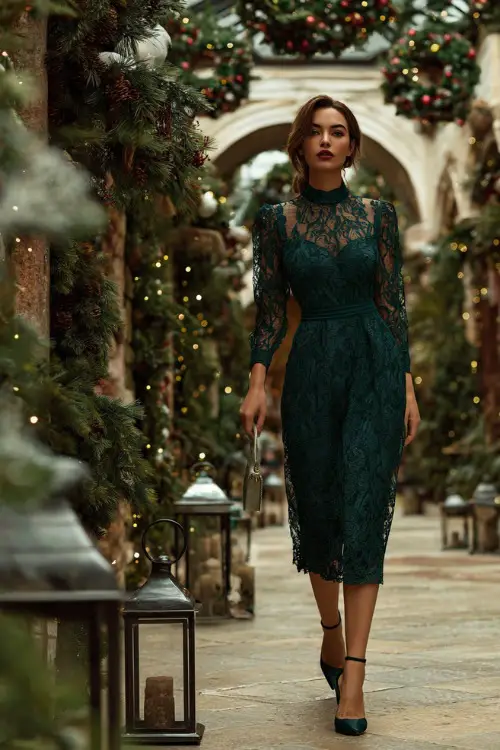 A woman in a dark green lace dress with modest sleeves and heeled pumps, walking through a winter garden decorated with Christmas wreaths and lanterns