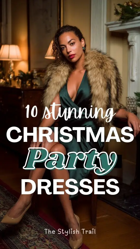 A woman in a dark green satin wrap dress with a faux-fur shawl and heels for a Christmas party
