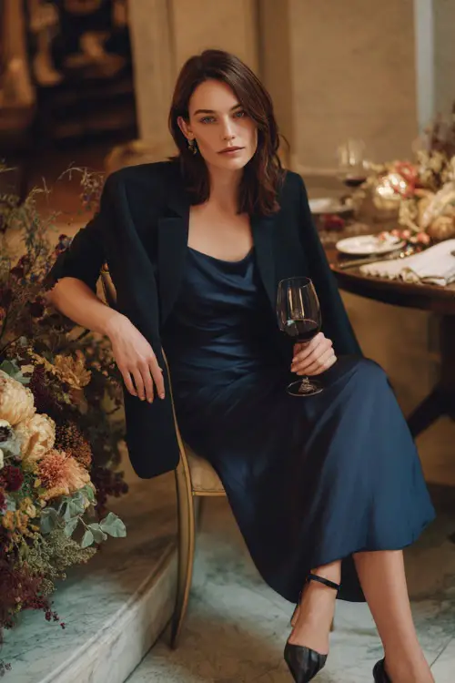 A woman in a dark navy midi dress with a structured blazer and black heels, holding a wine glass beside a Thanksgiving centerpiece
