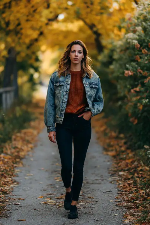 A woman in a denim jacket layered over a rust-colored sweater and black jeans, walking down a path lined with autumn leaves 