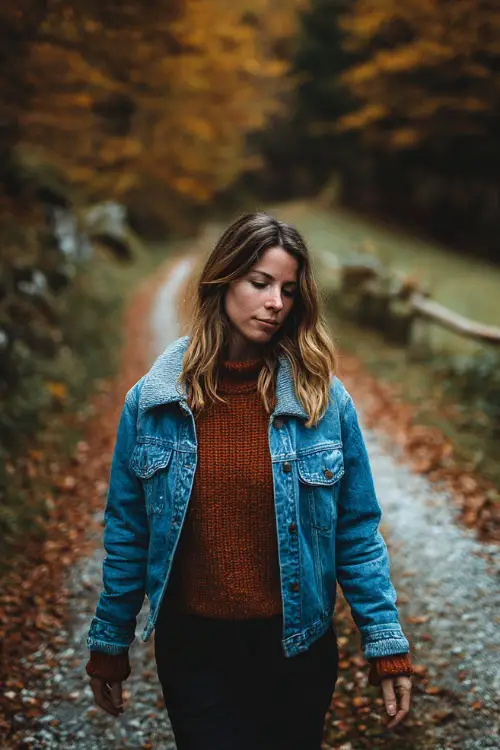 A woman in a denim jacket layered over a rust-colored sweater and black jeans, walking down a path lined with autumn leaves
