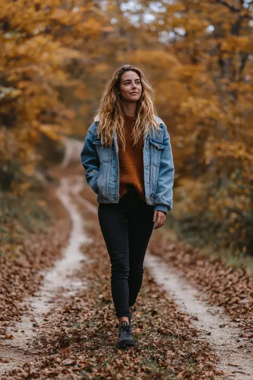 A woman in a denim jacket layered over a rust-colored sweater and black jeans, walking down a path lined with autumn leaves 