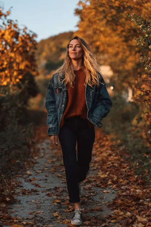 A woman in a denim jacket layered over a rust-colored sweater and black jeans, walking down a path lined with autumn leaves