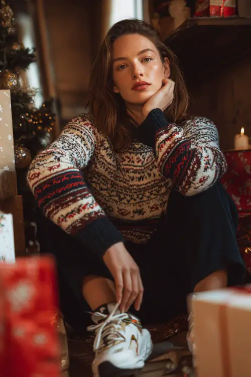A woman in a festive fair-isle sweater with dark trousers and winter sneakers, posing in a cozy indoor space filled with holiday décor and wrapped gifts