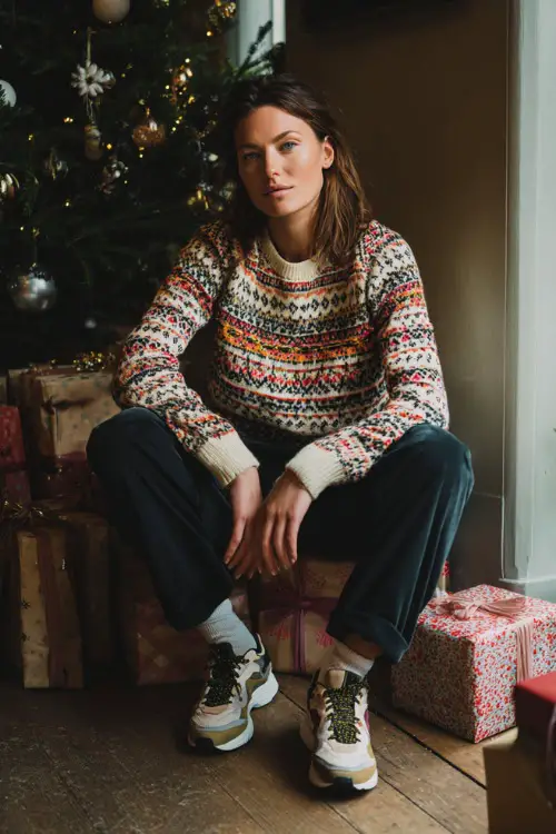 A woman in a festive fair-isle sweater with dark trousers and winter sneakers, posing in a cozy indoor space filled with holiday décor and wrapped gifts