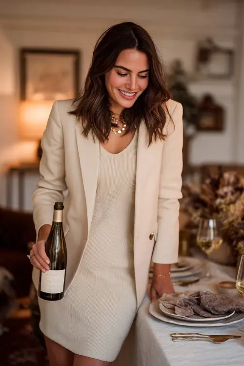 A woman in a fitted beige blazer over a soft knit dress with ankle boots, serving wine at a Thanksgiving dinner party 