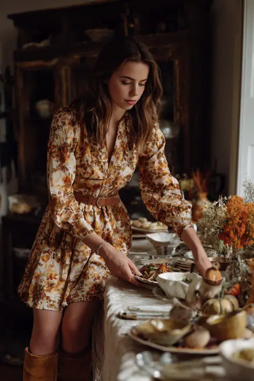A woman in a floral midi dress with a belted waist and tan ankle boots, arranging dishes on a Thanksgiving table