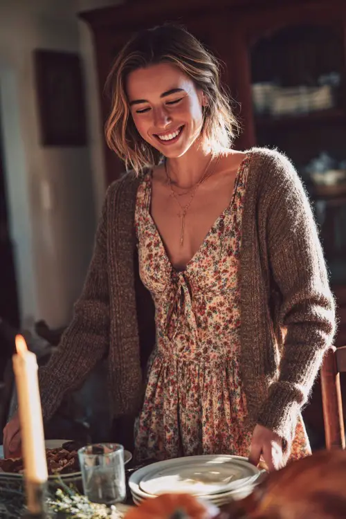 A woman in a floral print midi dress with a cardigan and ankle boots, smiling while setting the Thanksgiving dinner table with candles and plates 