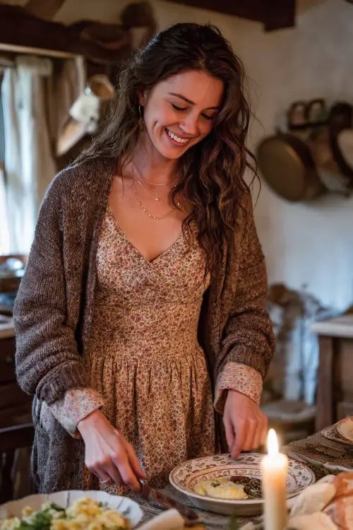 A woman in a floral print midi dress with a cardigan and ankle boots, smiling while setting the Thanksgiving dinner table with candles and plates 
