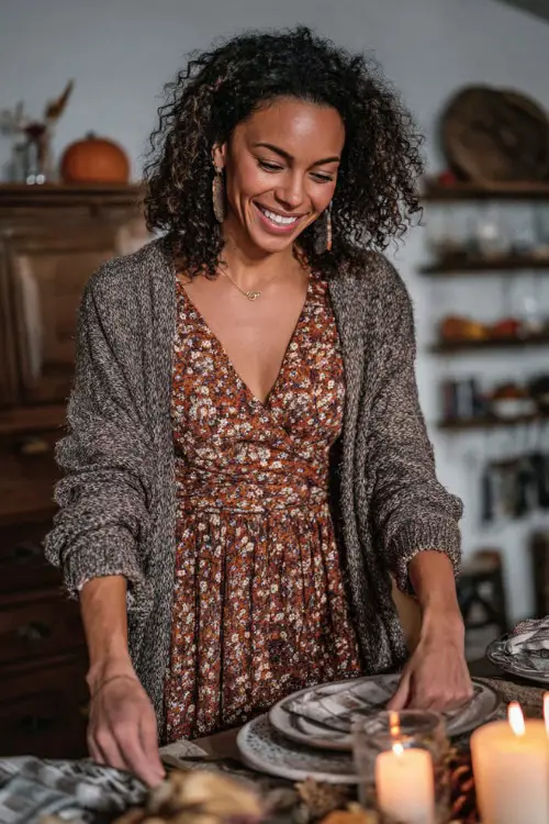 A woman in a floral print midi dress with a cardigan and ankle boots, smiling while setting the Thanksgiving dinner table with candles and plates