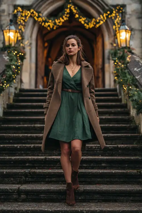 A woman in a forest-green A-line dress with a tailored wool coat and heeled ankle boots, walking up church steps surrounded by garlands and lanterns