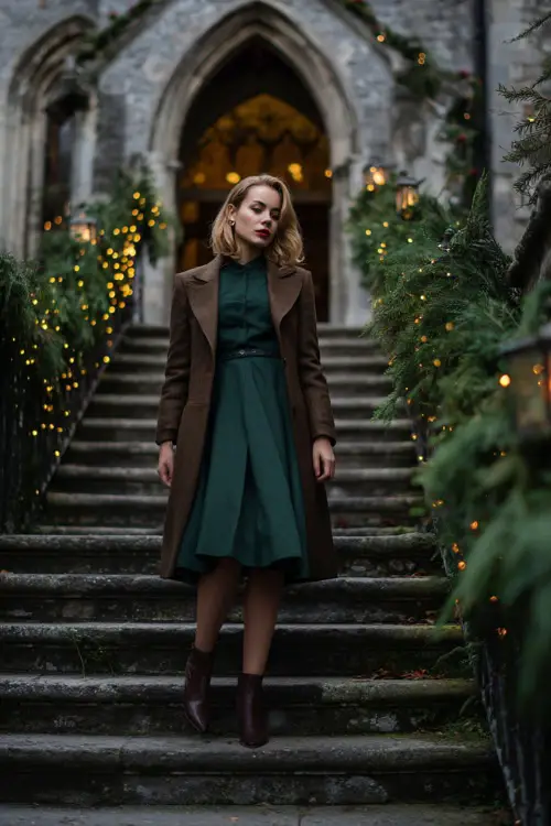 A woman in a forest-green A-line dress with a tailored wool coat and heeled ankle boots, walking up church steps surrounded by garlands and lanterns
