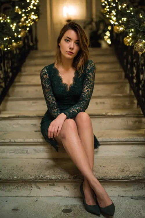 A woman in a forest-green lace dress with subtle shimmer and classic pumps, posing near a staircase wrapped in Christmas garlands and fairy lights
