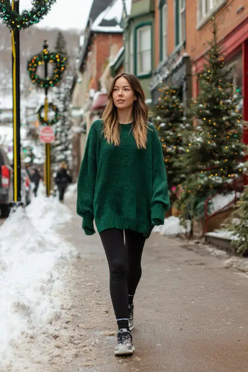 A woman in a forest-green oversized sweater paired with black leggings and winter sneakers, walking along a snowy street lined with festive holiday decorations