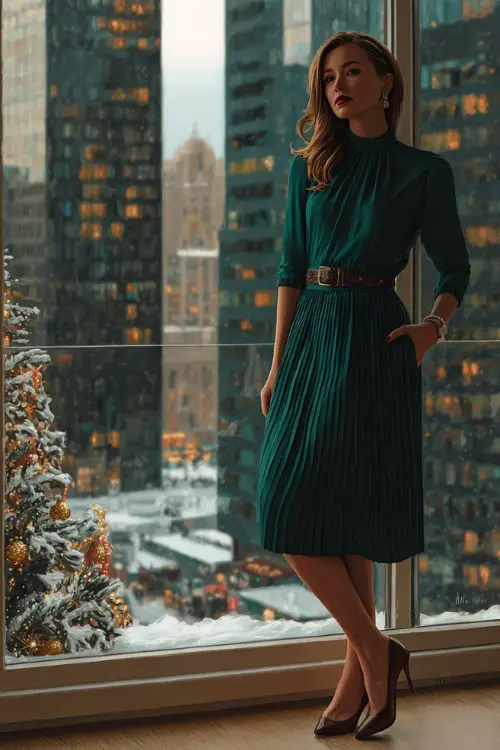 A woman in a forest-green pleated dress with a belt and heeled pumps, standing beside tall windows overlooking snowy city lights and holiday decorations 