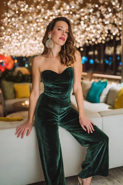 A woman in a forest-green velvet jumpsuit with statement earrings and heels, posing in a modern party lounge filled with festive holiday lights